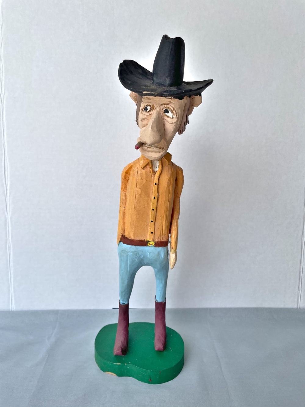 Vintage Hand-Carved Wood Cowboy Caricature Statue – 15.5” AS IS